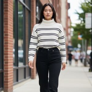 White and black striped turtleneck sweater